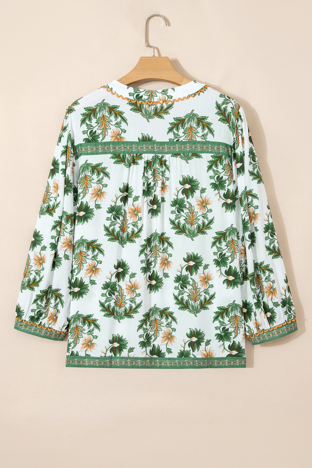Green Plus Size Floral Printed Contrast Patchwork Detail Tassel Tie 3/4 Sleeve Blouse