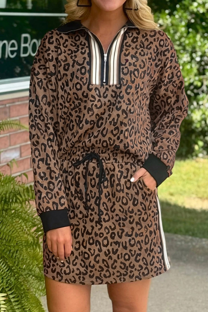 Khaki Leopard Print Quarter Zip Long Sleeve Top Mini Skirt Set