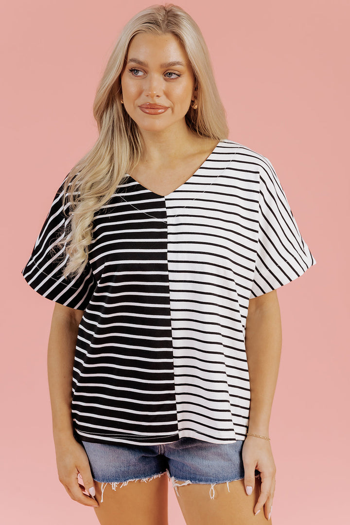Two Tone Colorblock V Neck T Shirt