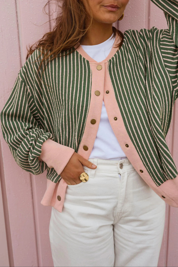 Green Stripe Patchwork Long Sleeve Regular Fit Cardigan