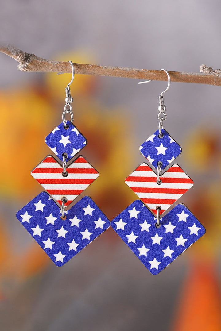 Boucles d'oreilles pendantes géométriques en bois avec motif drapeau et étoiles