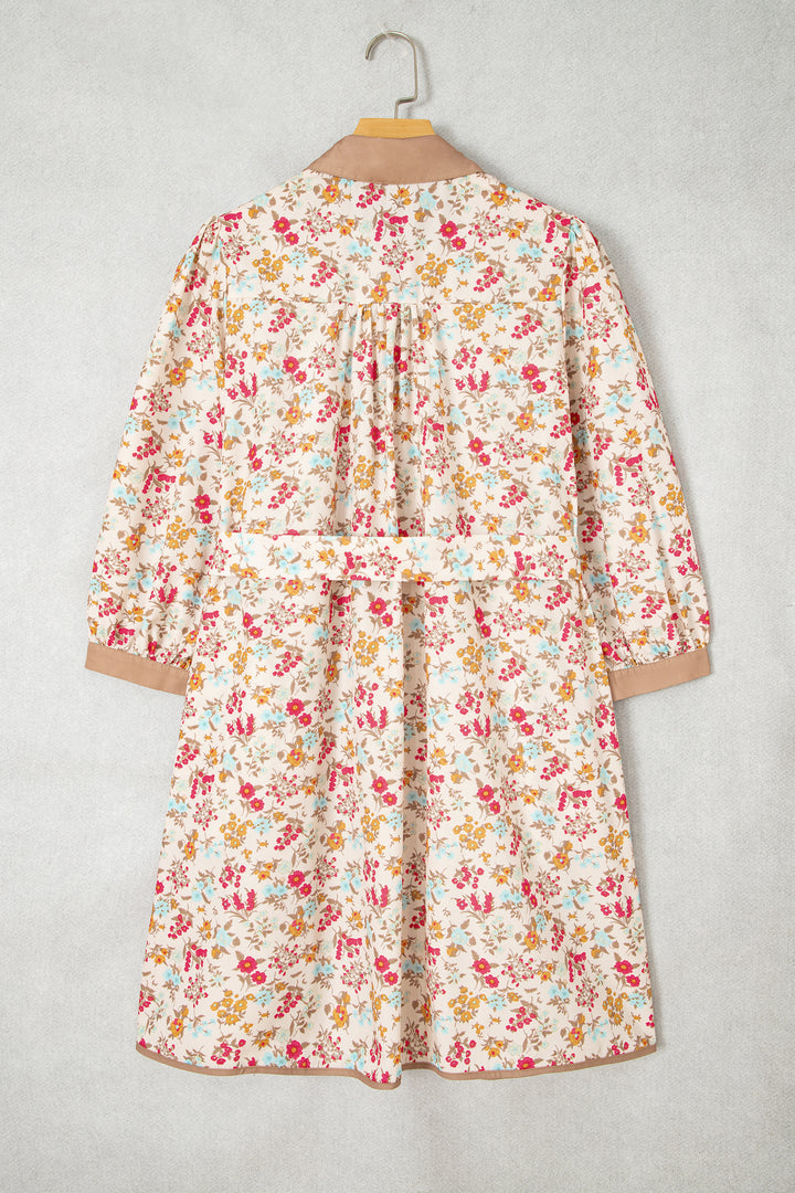 Orange Floral Print Color Block Trim Button Down 3/4 Sleeve Belted Mini Dress