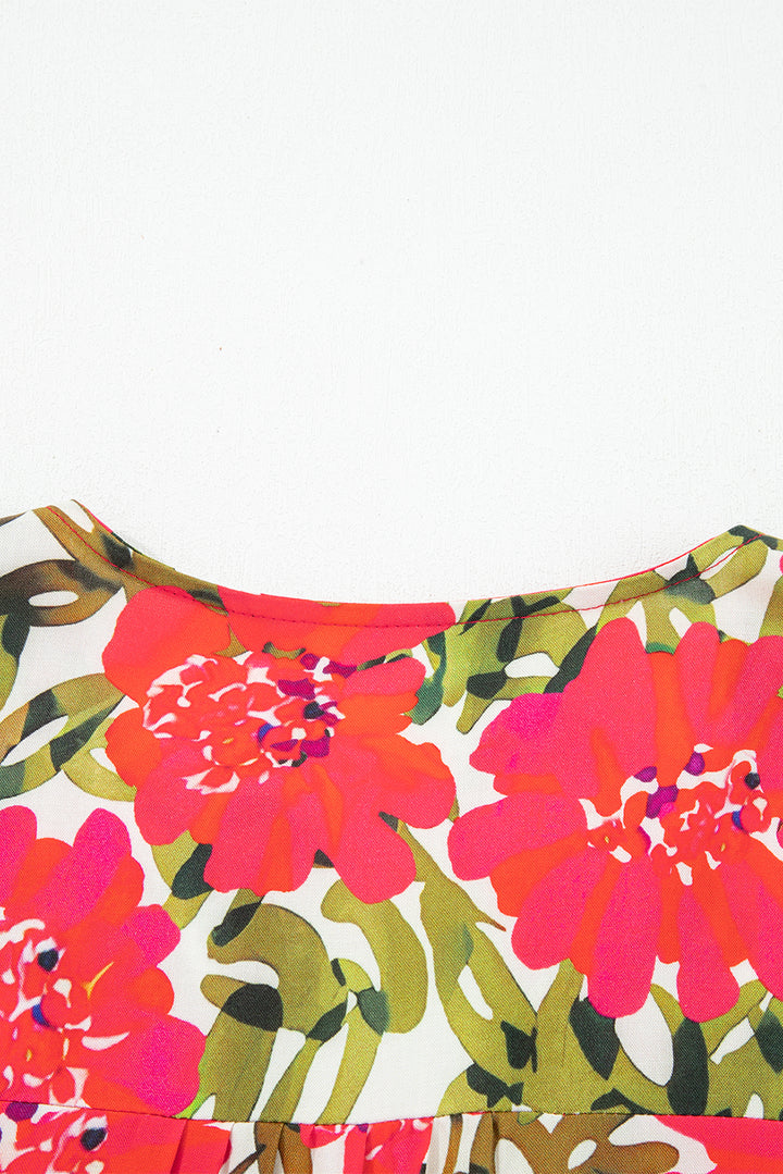 Red Floral Print Lace up V Neck Flounce Sleeve Blouse