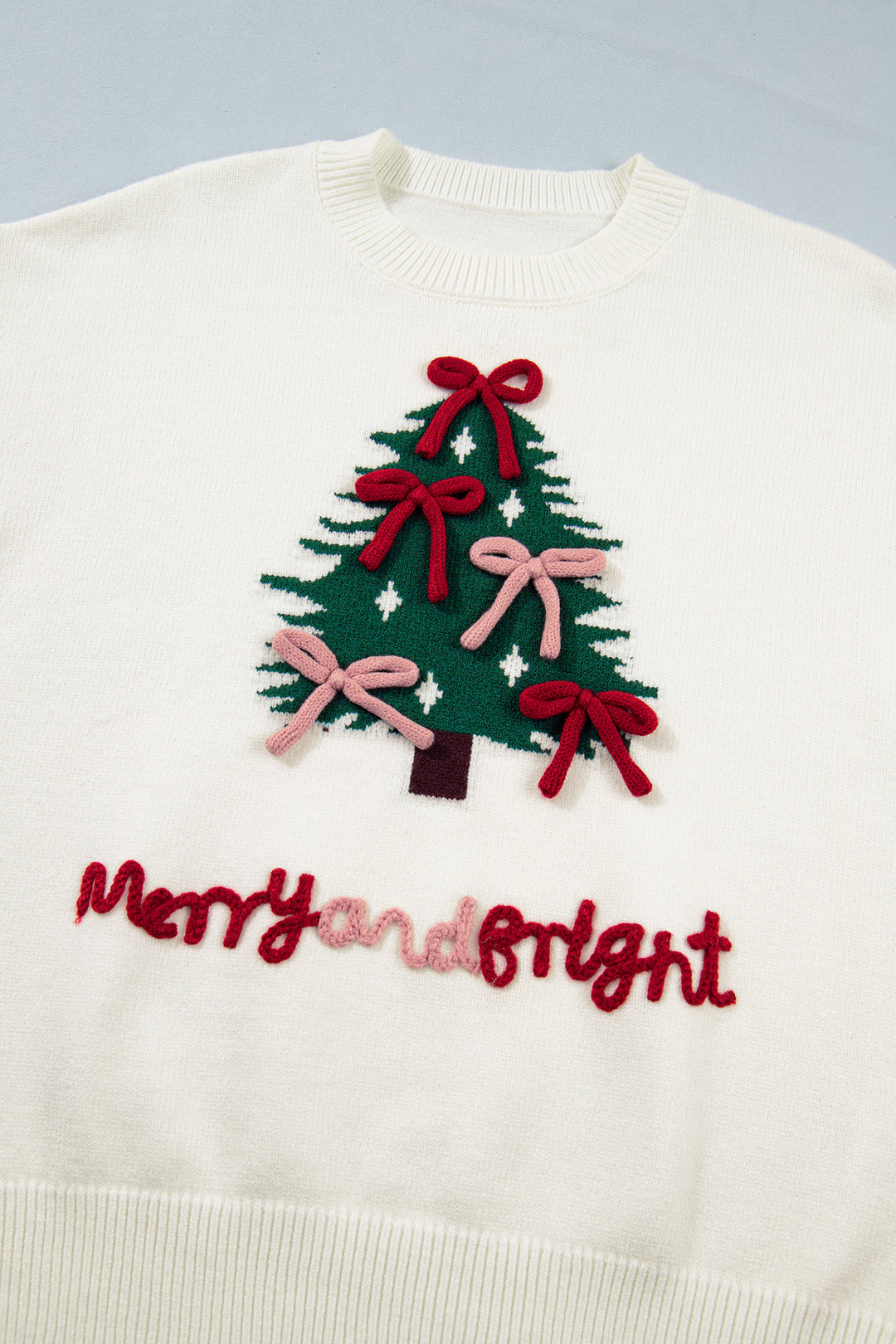 White Christmas Tree Bow Drop Shoulder Knit Sweater