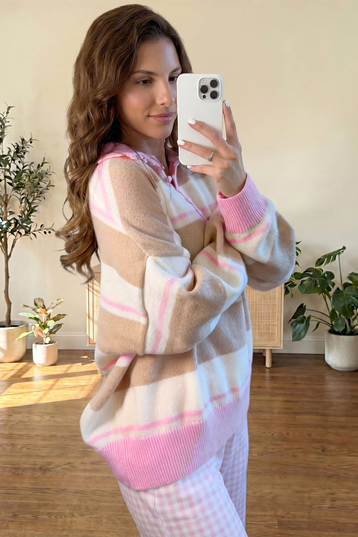 Khaki Stripe Button Placket Long Sleeve Sweater