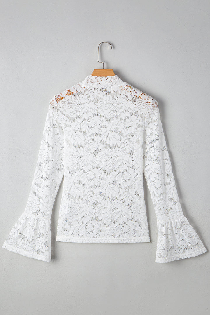 Lace Crochet Bell Sleeve Mock Neck Blouse