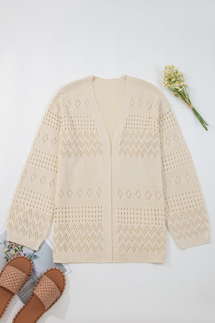Smoke Gray Hollowed Knit Open Front Cardigan Sweater