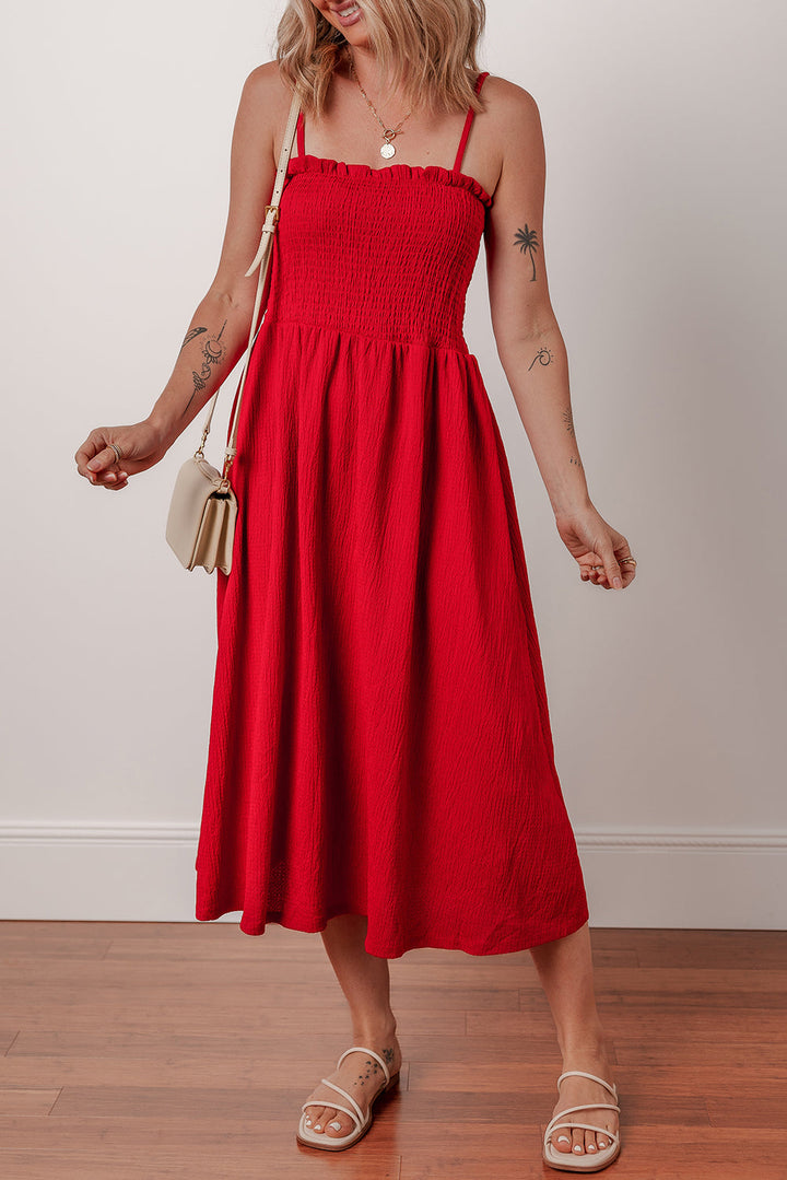 textured shirred ruffled trim spaghetti strap midi dress