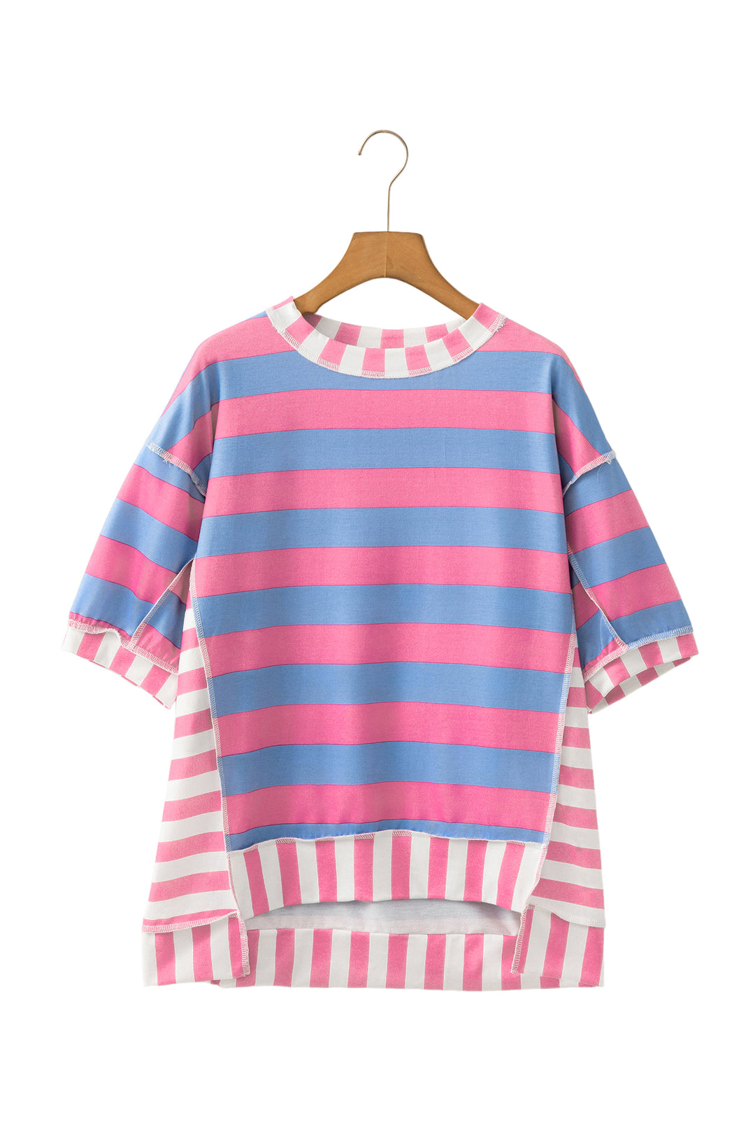 Pink Stripe Exposed Seam Contrast Patchwork Oversized Top