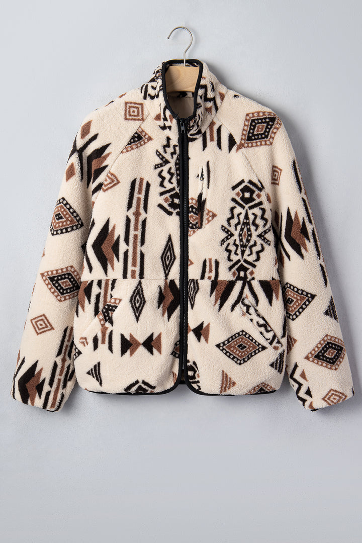 Beige Geometric Print Zip-up Placket Binding Tape Jacket