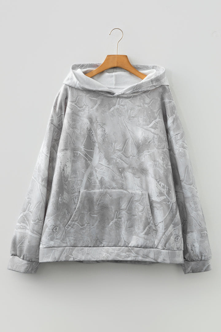 Gray Plus Size Camouflage Woodland Print Oversized Sporty Hoodie
