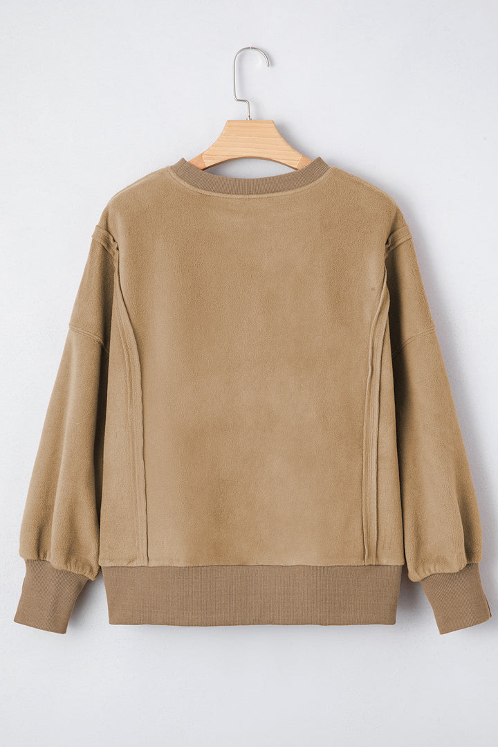 Fuzzy Sherpa Splicing Pullover Sweatshirt with Side Slit