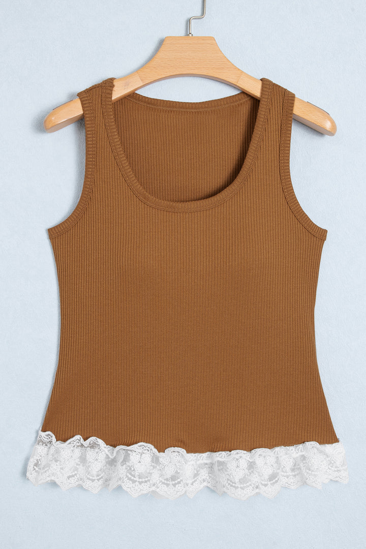 Coffee Ribbed Knit Sweet Lace Hem Vest