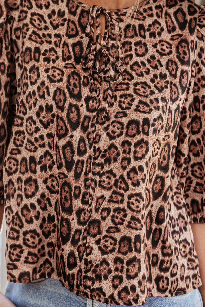 Leopard Bow Tie Puff Sleeve Blouse