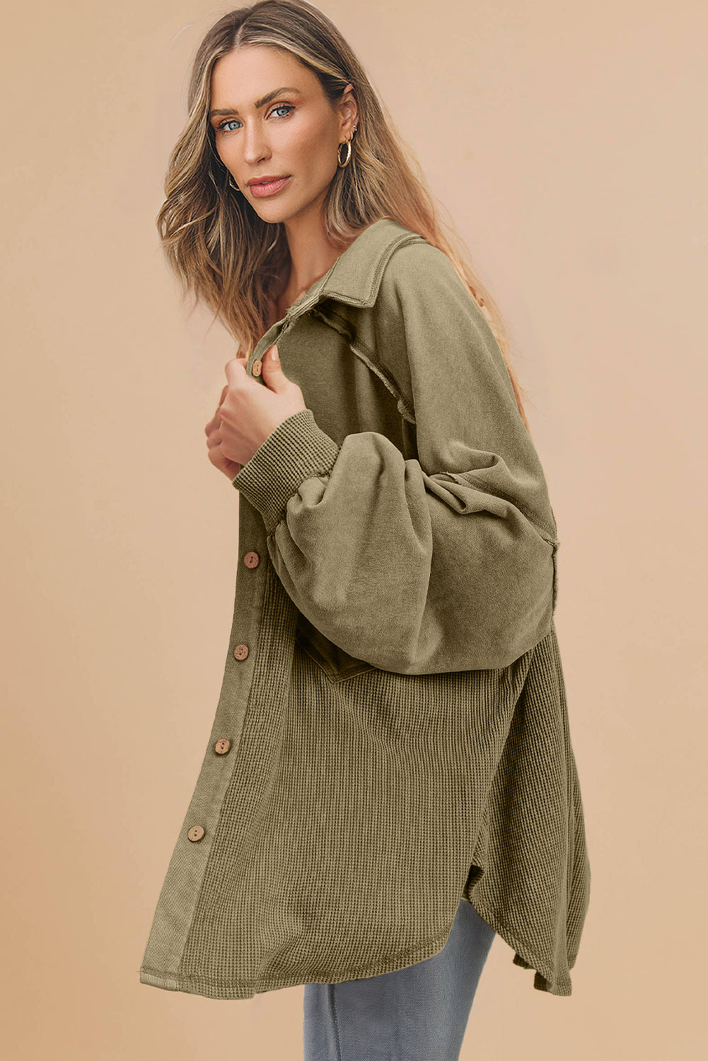 Moss Green Waffle Knit Buttoned Oversized Shacket