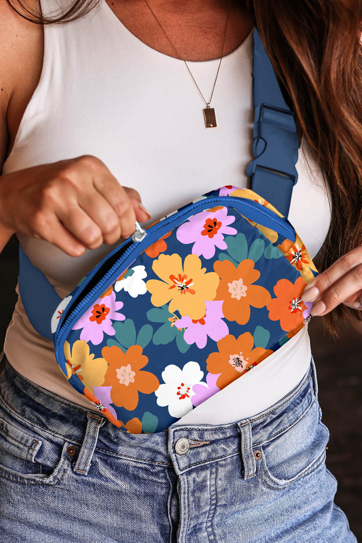 Flower Print Zipper Buckle Wide Strap Sling Bag