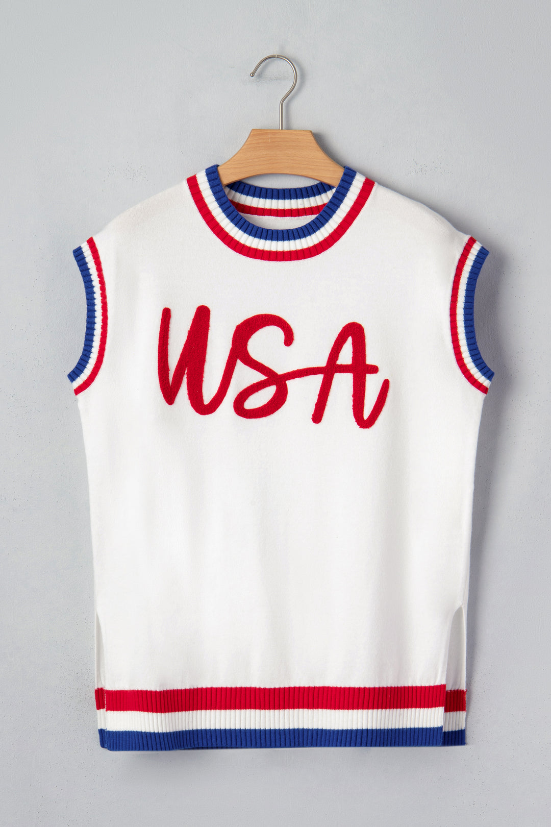 White USA Contrast Striped Trim Round Neck Short Sleeve Sweater