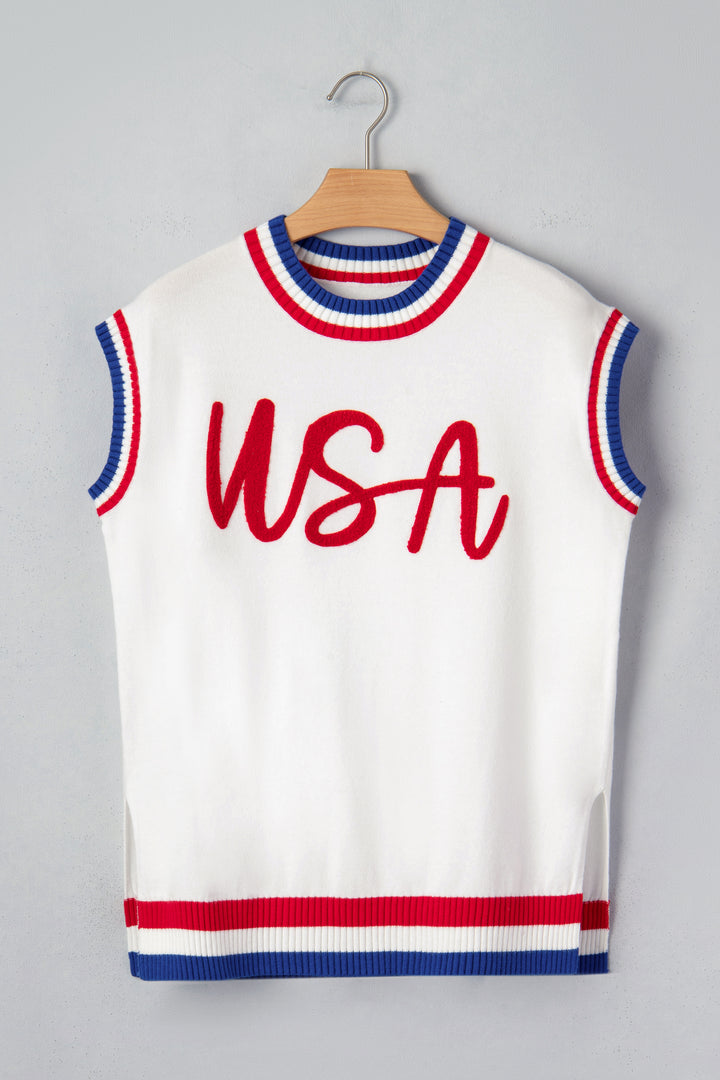 White USA Contrast Striped Trim Round Neck Short Sleeve Sweater