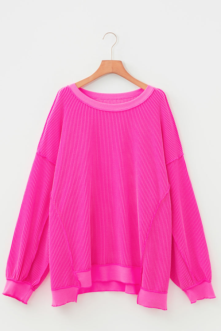 Rose Red Drop Shoulder Uneven Hem Plus Size Twisted Rib Top
