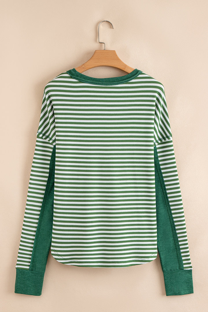 Dearlovers Green Stripe Thermal Knit Drop Shoulder Casual Top