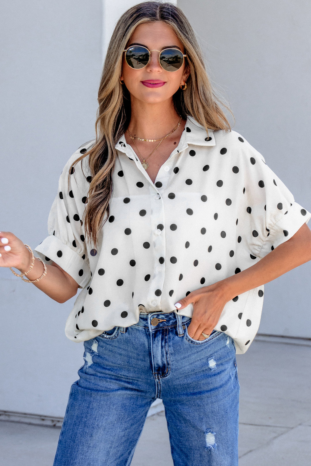 Beige Polka Dot Print Loose Dolman Shirt