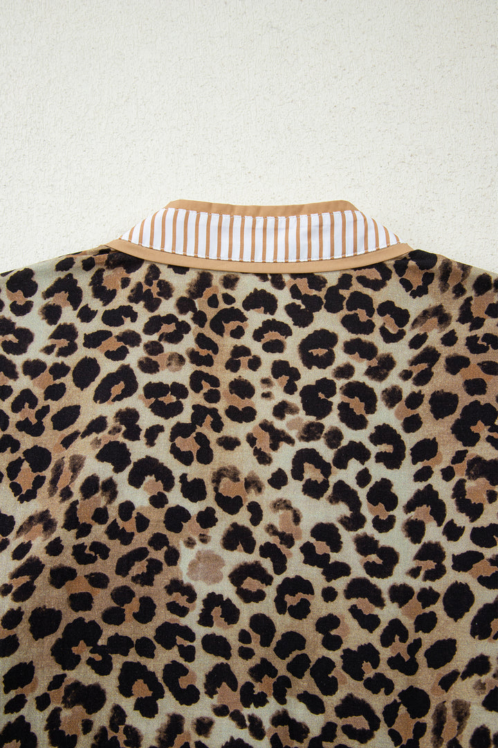 Contrast Striped Trim V Neck Leopard Shirt