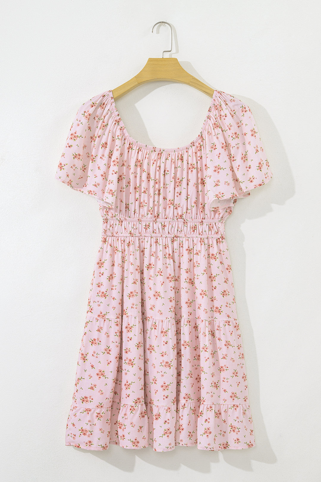 Front Tie Shirred Waist Short Sleeve Ruffled Floral Mini Dress