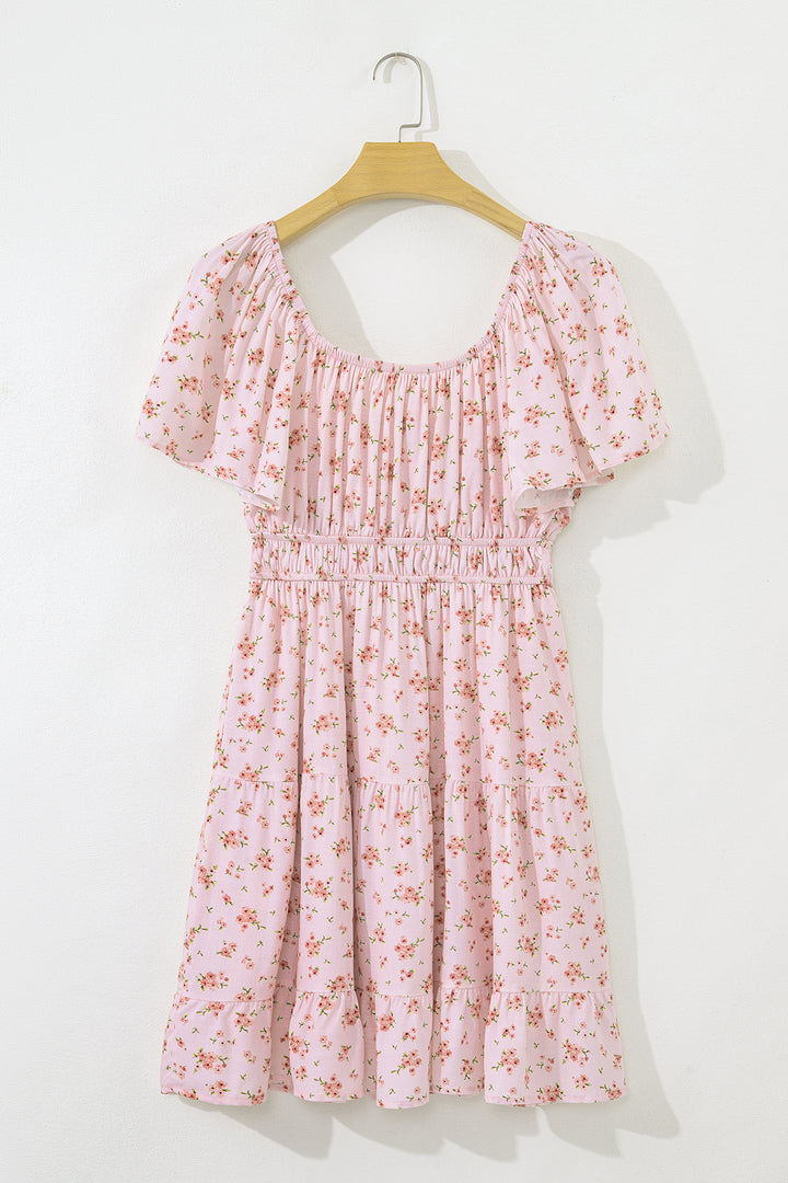 Front Tie Shirred Waist Short Sleeve Ruffled Floral Mini Dress