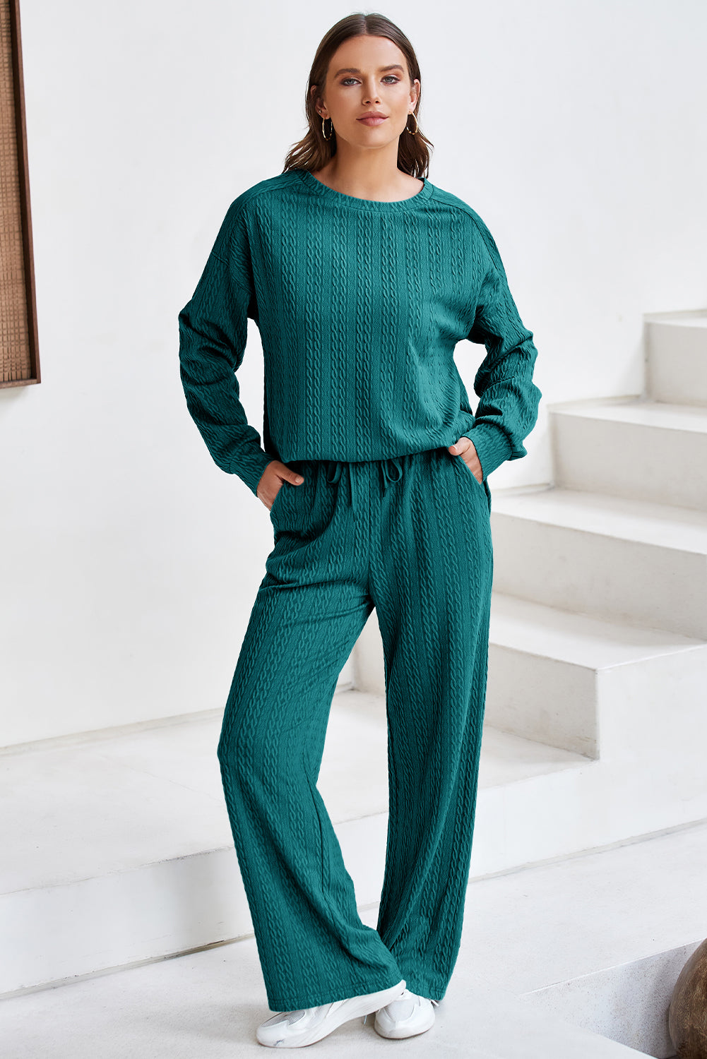 Sea Green Textured Round Neck Sweatshirt &amp; Loose Drawstring High Waist Pant Set