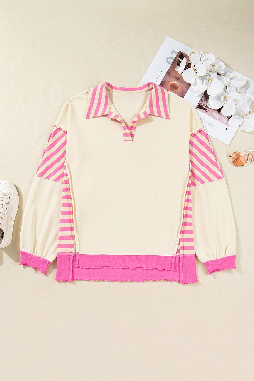 Pink Stripe Contrast Polo Collar Drop Shoulder Patchwork Plus Size Pullover