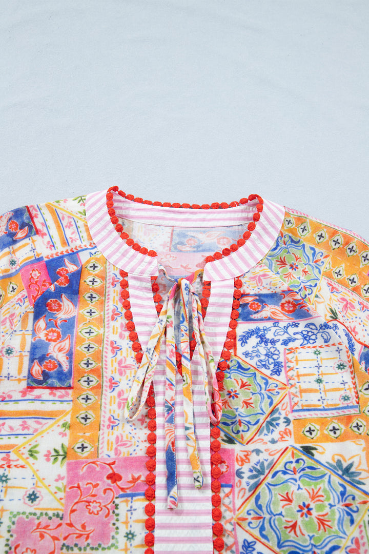 Red Mixed Print V Neck Short Sleeve Blouse