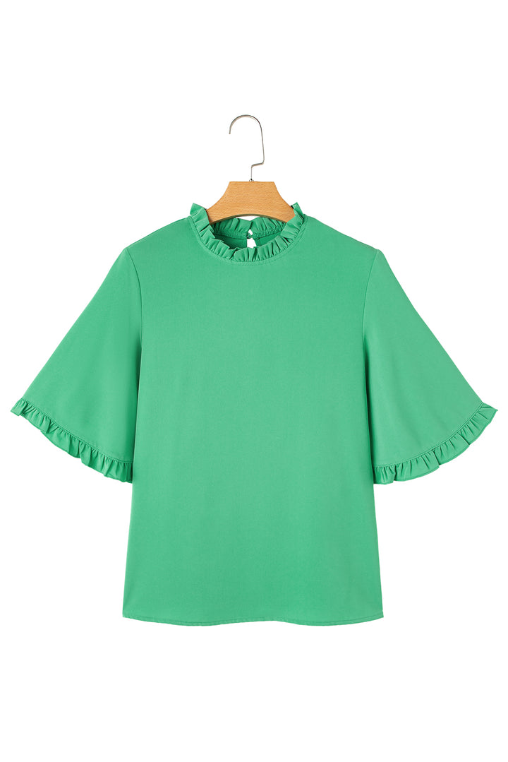 Frilly Round Neck Wide Half Sleeve Blouse