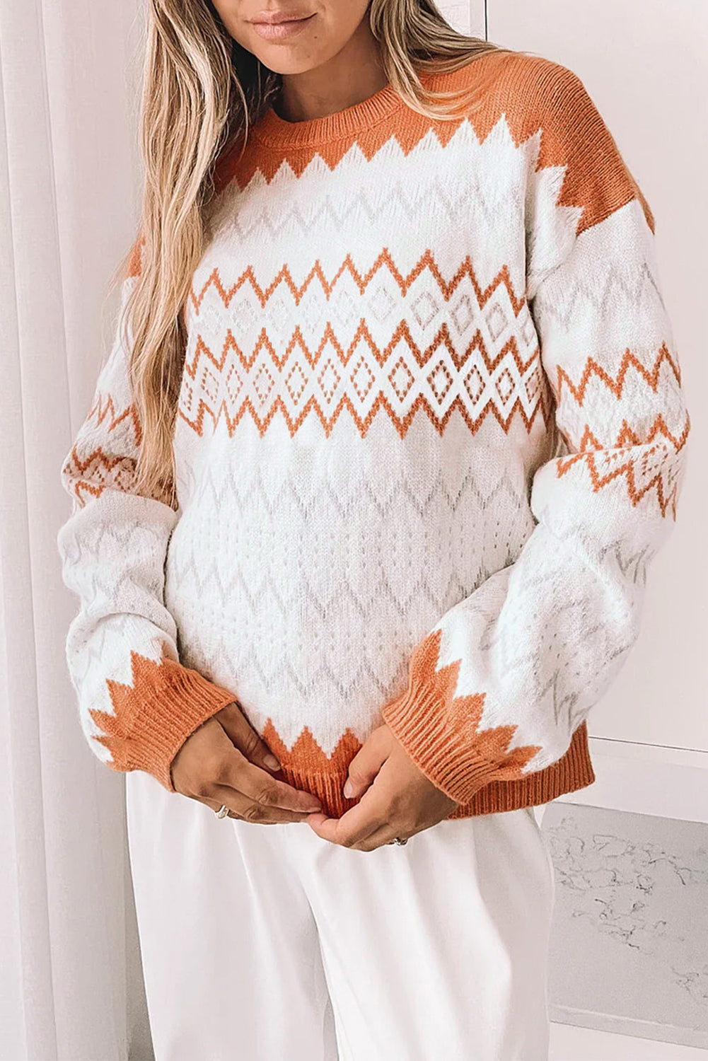 Zigzag Geometric Pattern Knitted Pullover Sweater