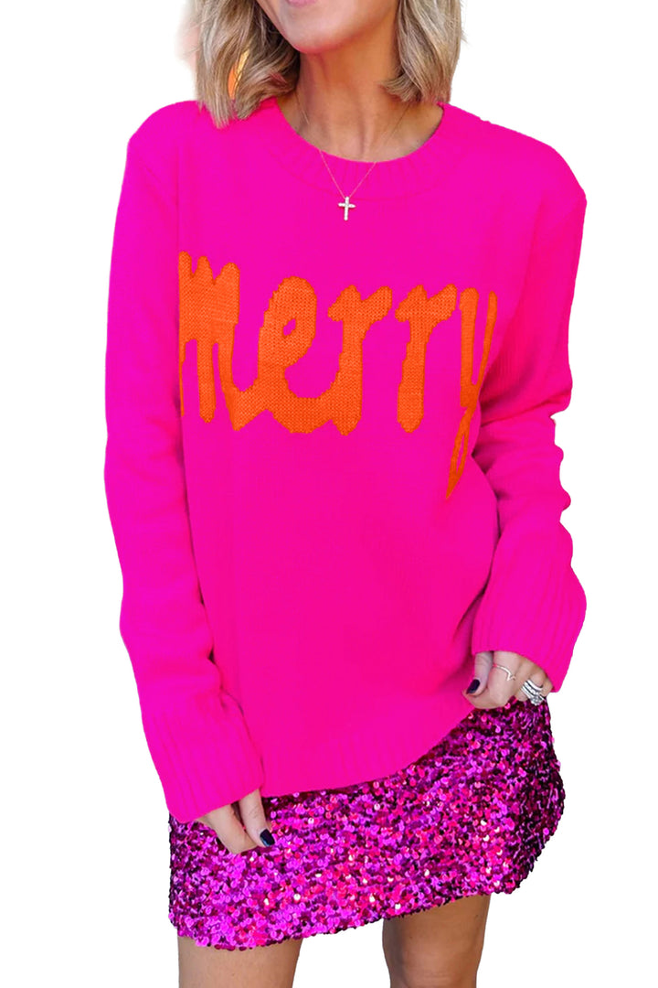 Rose Red Merry Print Ribbed Trim Round Neck Loose Fit Sweater