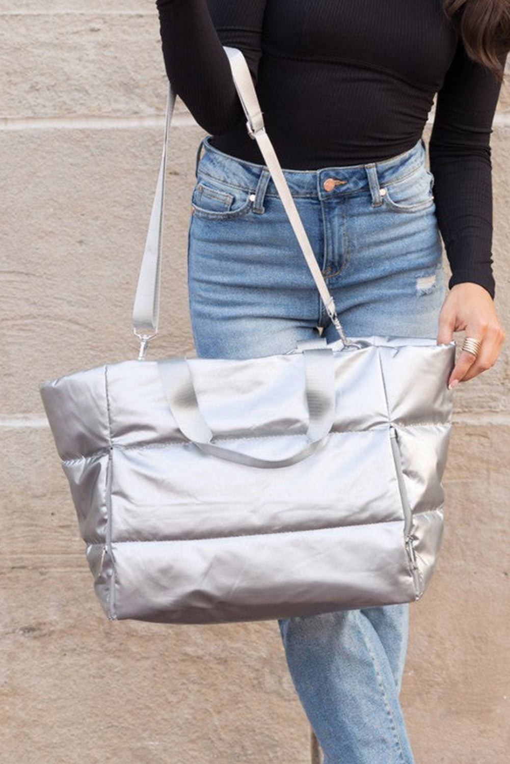 Solid Zipper Puffer Large Tote Bag