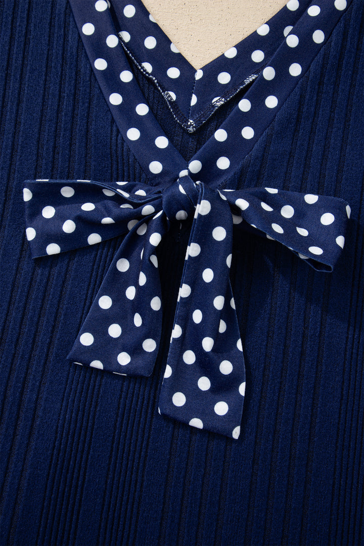 Dirty blue Polka Dot Trimmed V Neck Bow Tie Textured Ribbed Top