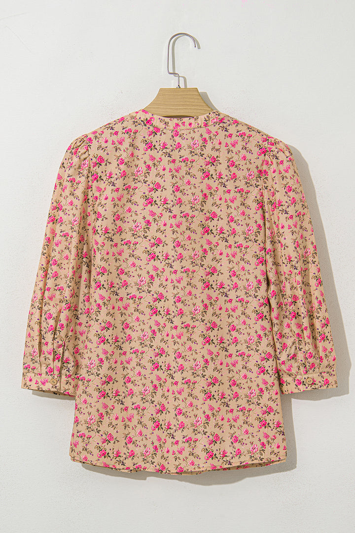 Floral Print Bow Pintuck Bust Half Puff Sleeve Blouse Top
