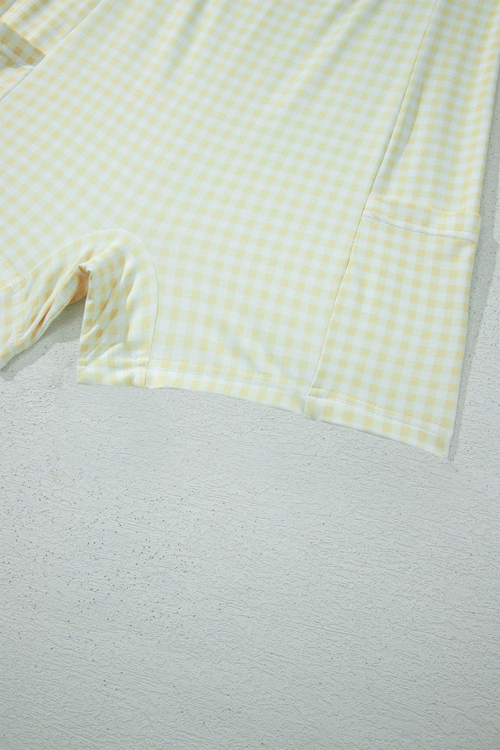Cute Yellow Cream Faux Two Piece Gingham Contrast Loose Mini Dress
