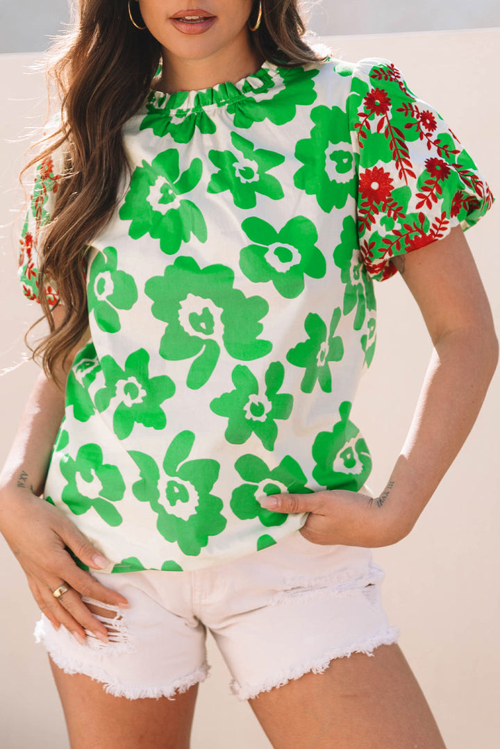 Contrast Embroidered Puff Short Sleeve Floral Blouse