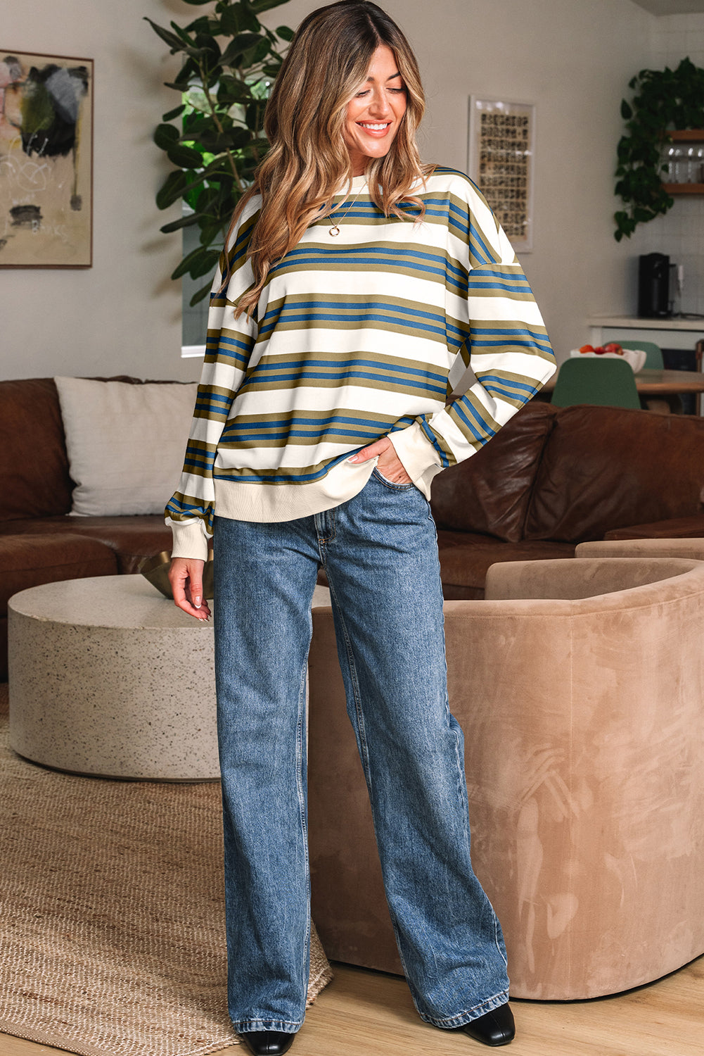 Crew Neck Drop Shoulder Pullover Sweatshirt