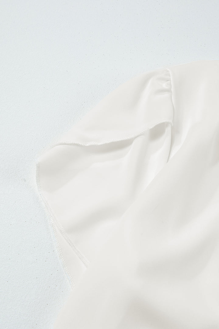 White Silky Notched Neckline Petal Sleeve Blouse