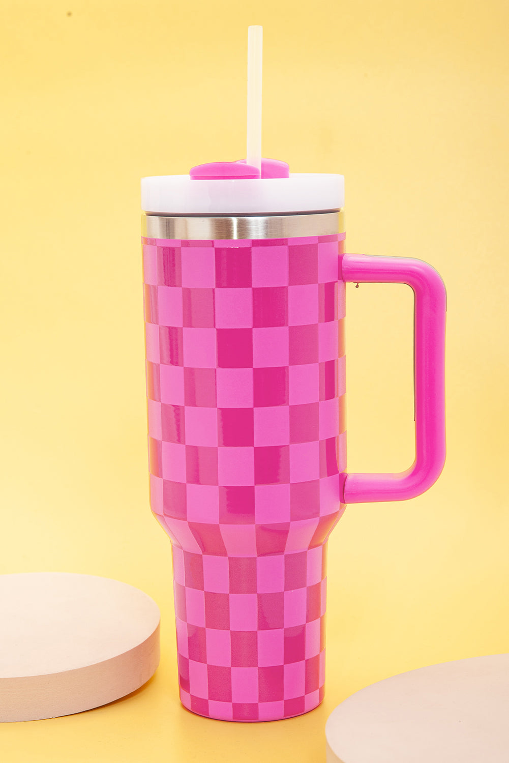 Checkered Print Handled Stainless Steel Tumbler Cup 40oz