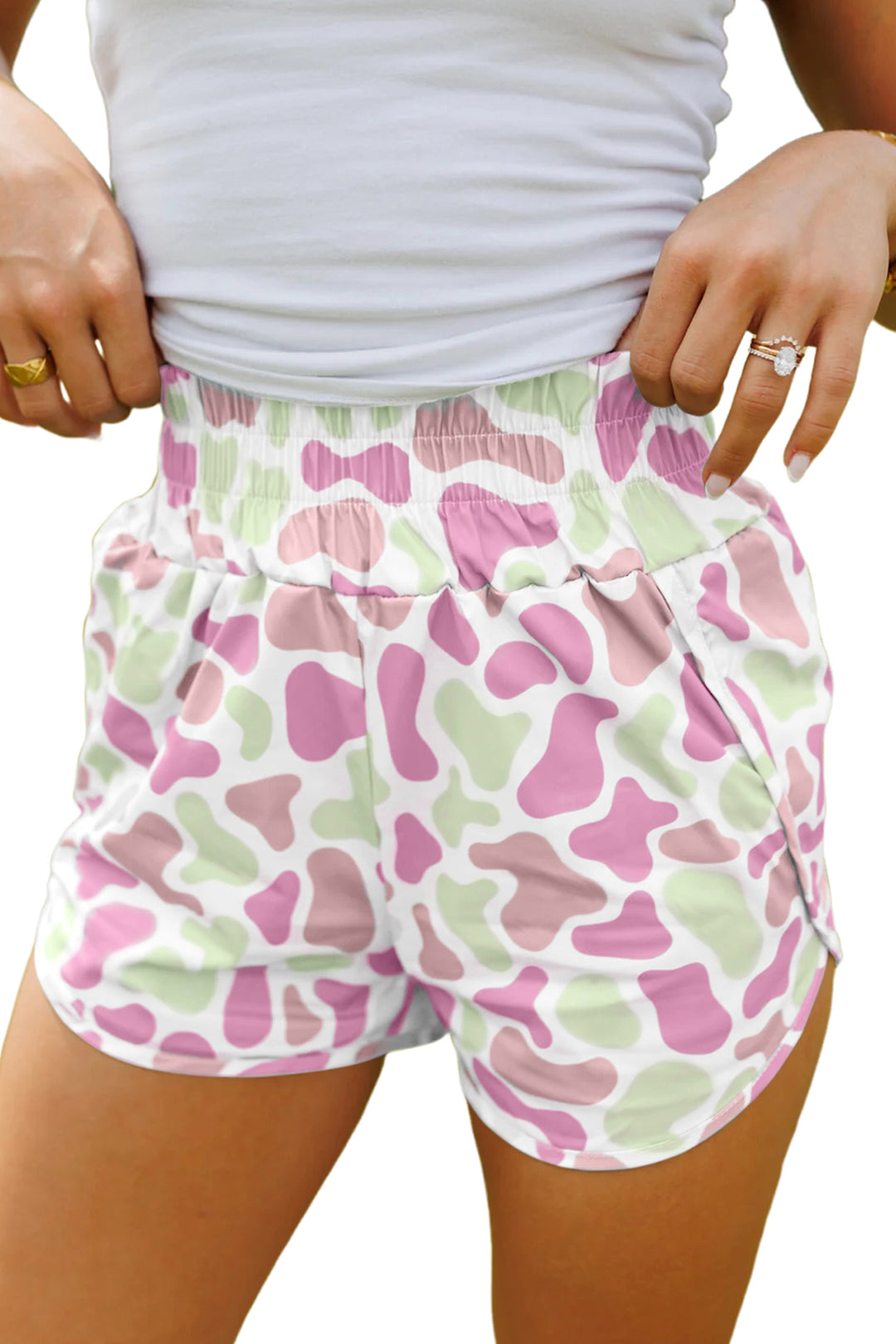 Green Camouflage Print Shirred High Waist Athleisure Shorts