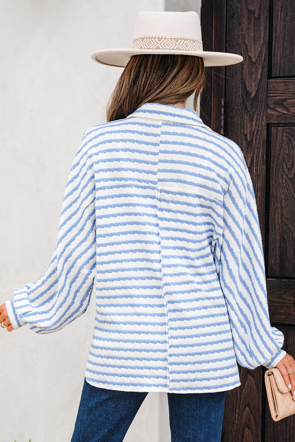 Half Button Collared Chest Pockets Loose Fit Blouse