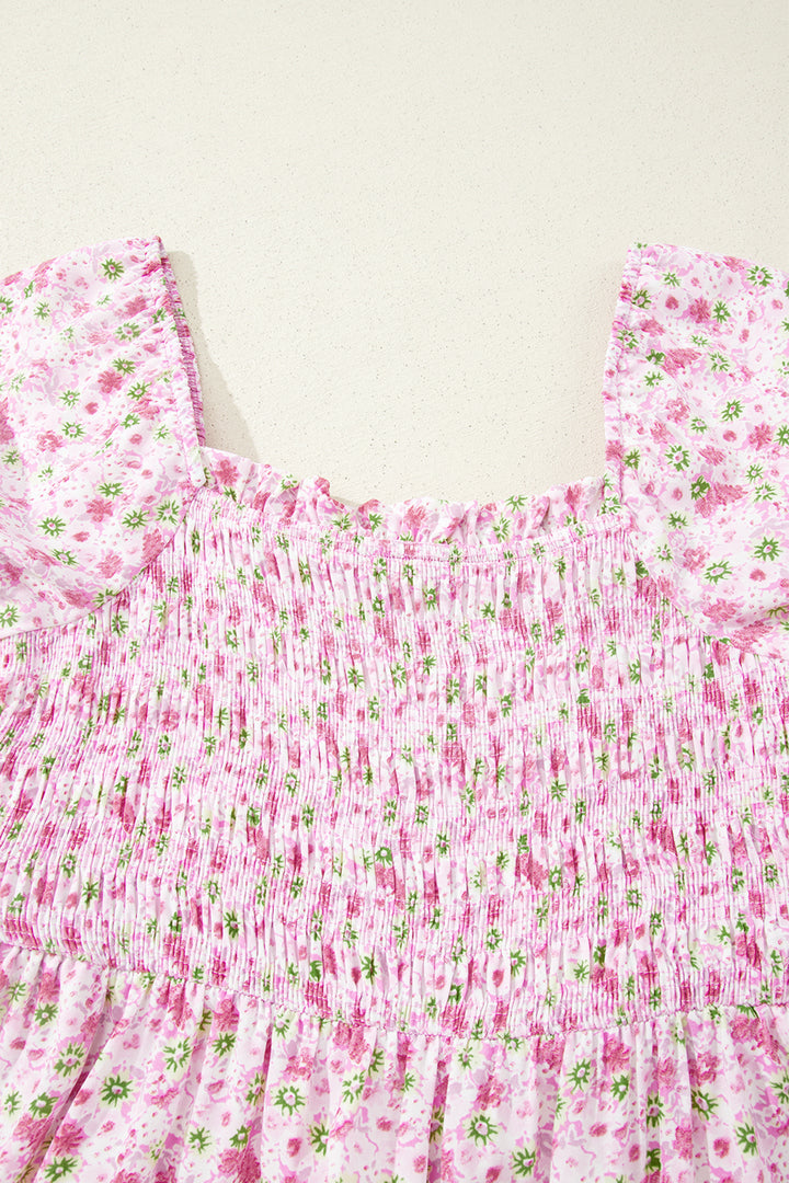 Pink Floral Short Shirred High Waist Maxi Dress