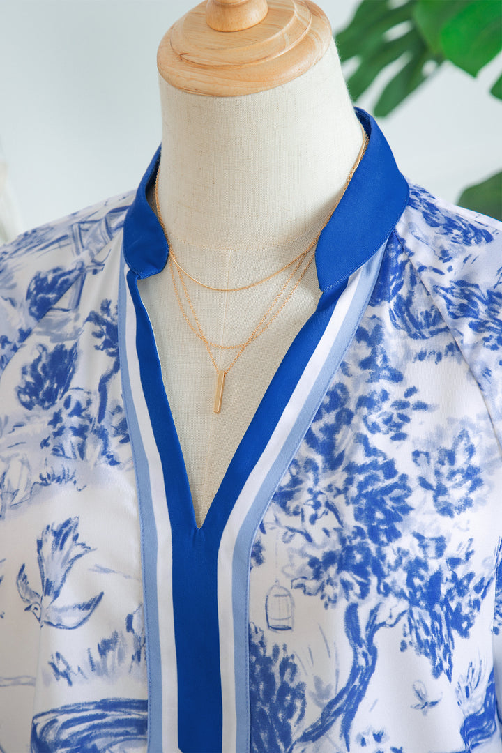Blue Wild Animal Paradise Contrast V Neck Raglan Sleeve Blouse