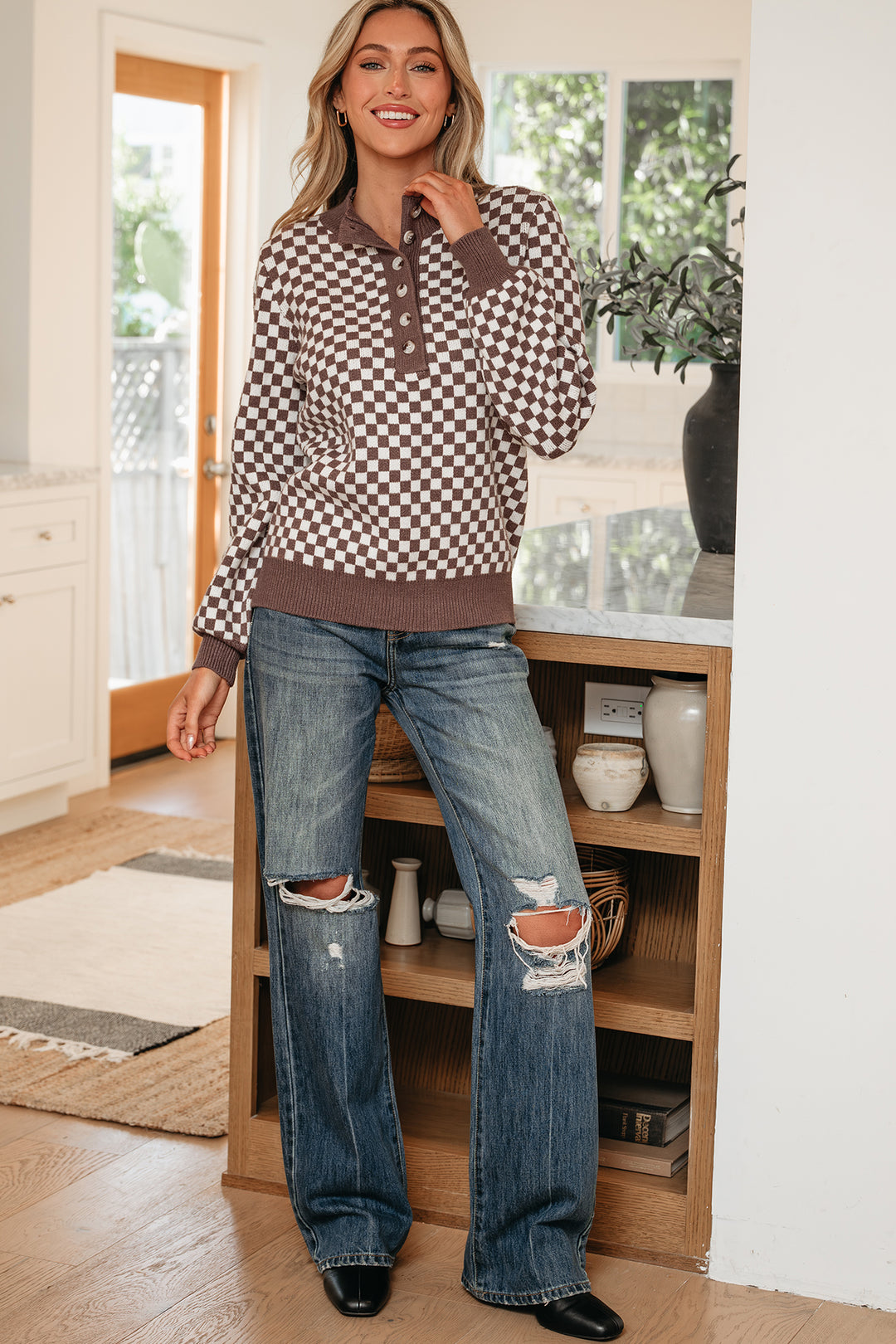 Half Button Ribbed Trim Checkerboard Knit Sweater