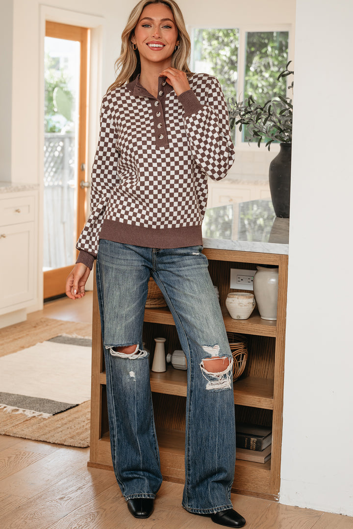 Half Button Ribbed Trim Checkerboard Knit Sweater