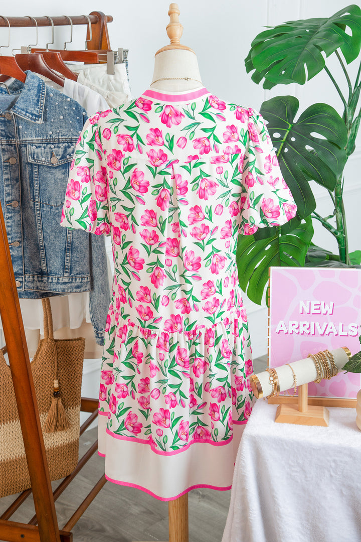 Multicolour Sweet Floral Print Striped Color Block Trim Short Dress