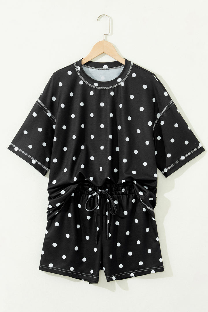 Black Polka Dot Short Sleeve Loose Top Drawstring Shorts Set